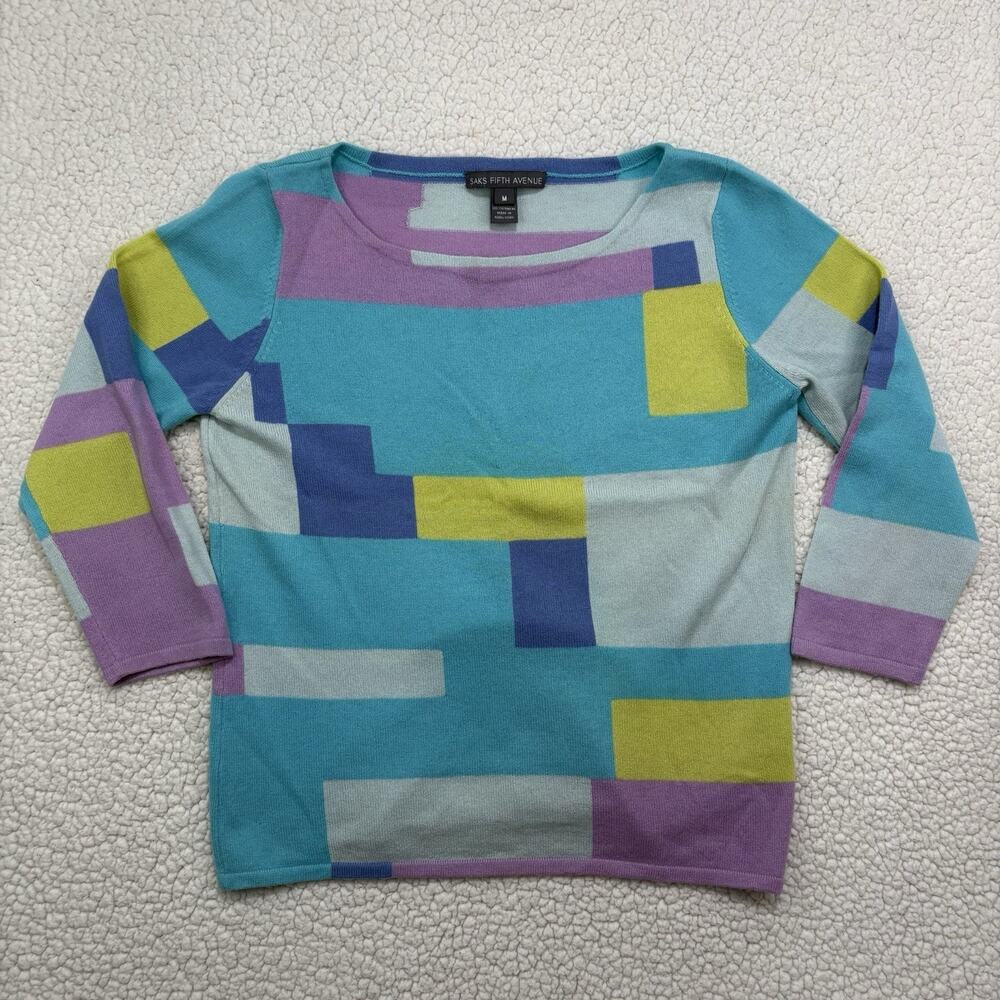 Saks Fifth Avenue Cashmere Sweater‎ Womens M Geometric AOP Colorblock Pastel